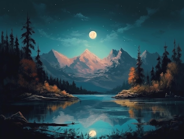 A painting of a mountain lake with a full moon in the background.