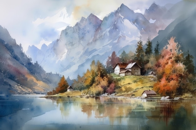 A painting of a mountain lake with a house on it generative AI