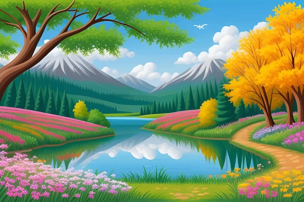 a painting of a mountain lake with a lake and mountains in the background