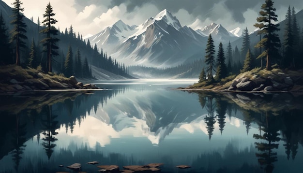 Photo a painting of a mountain lake with a lake and mountains in the background