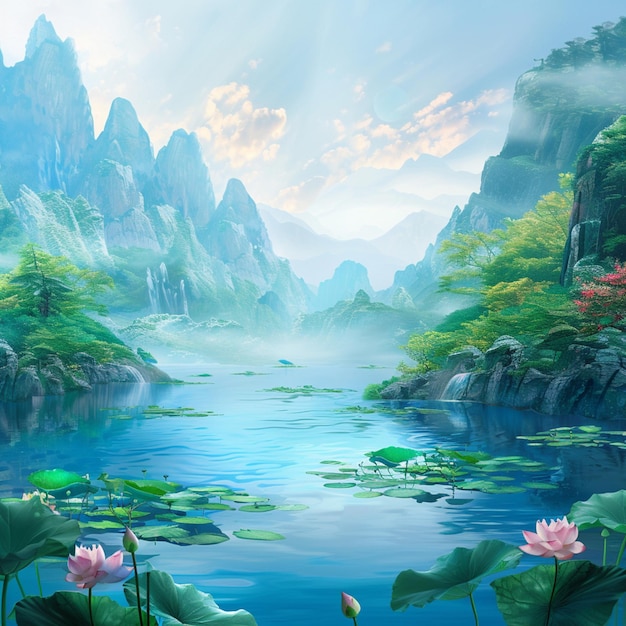 painting of a mountain lake with lotuses and mountains in the background generative ai