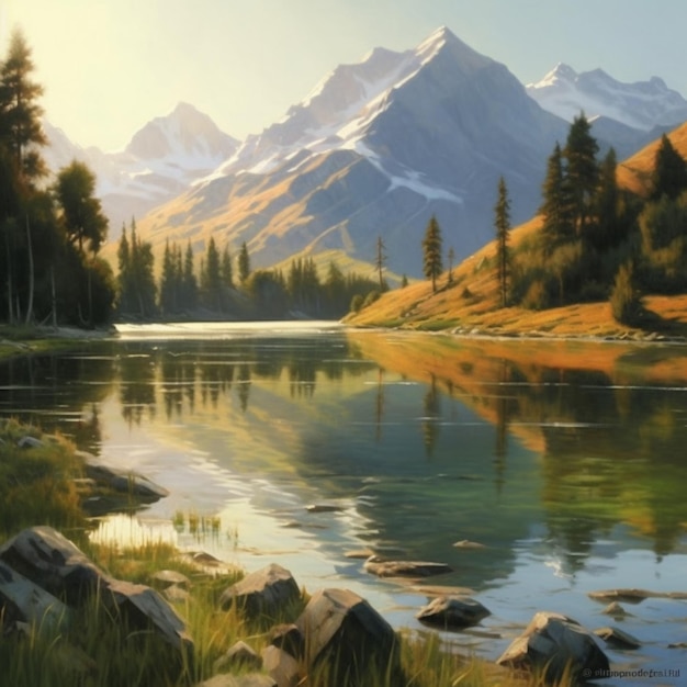 Painting of a mountain lake with a mountain in the background generative ai