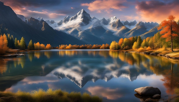 a painting of a mountain lake with a mountain in the background