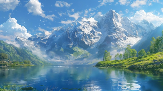 A painting of a mountain lake with a mountain in the background