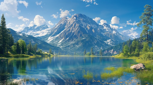 A painting of a mountain lake with a mountain in the background