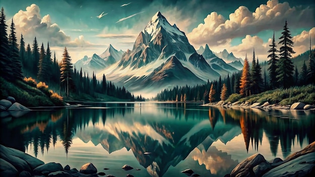 A painting of a mountain lake with a mountain in the background