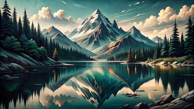 A painting of a mountain lake with a mountain in the background