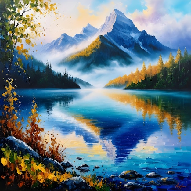 A painting of a mountain lake with a mountain in the background