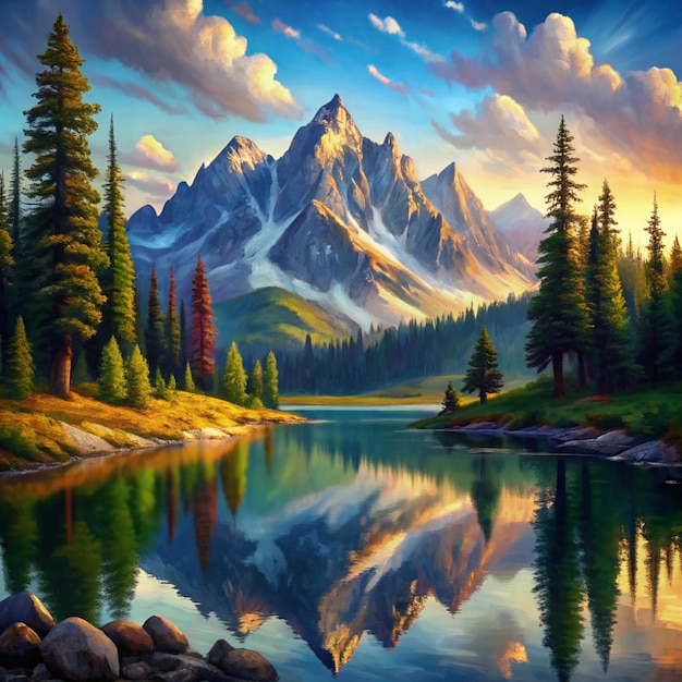 A painting of a mountain lake with a mountain in the background