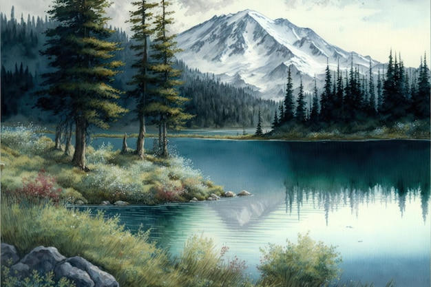 A painting of a mountain lake with a mountain in the background.