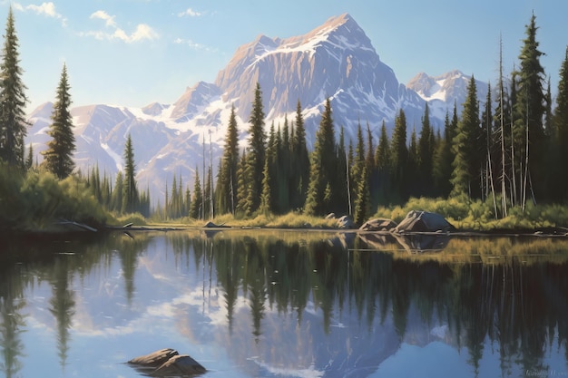 A painting of a mountain lake with a mountain in the background.