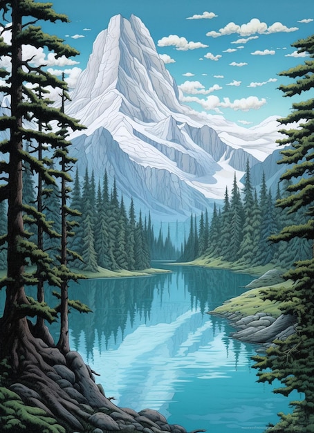 A painting of a mountain and a lake with a mountain in the background.