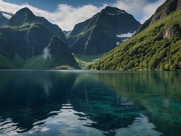 Photo a painting of a mountain lake with a mountain in the background