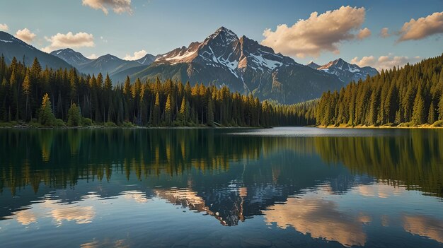 A painting of a mountain lake with a mountain