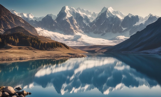 a painting of a mountain lake with mountains in the background