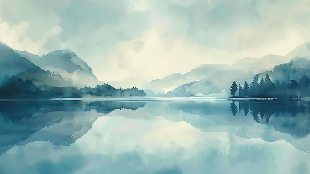 a painting of a mountain lake with a reflection of mountains and trees in the water