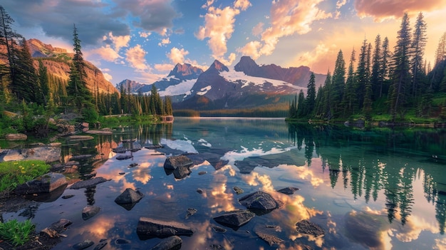 a painting of a mountain lake with a sunset in the background