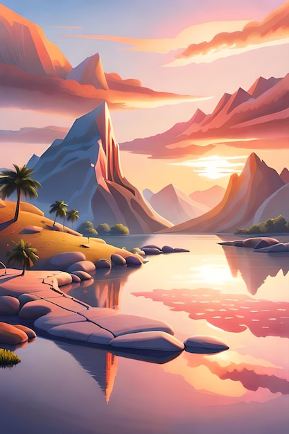 A painting of a mountain lake with a sunset in the background.