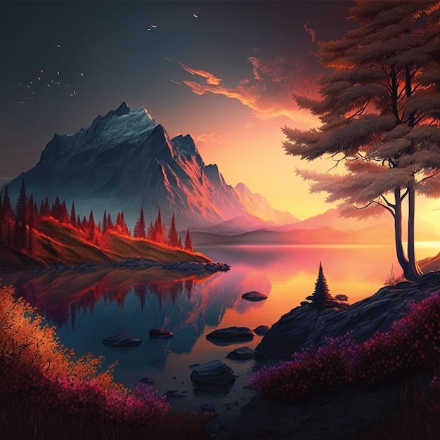 A painting of a mountain lake with a sunset in the background.