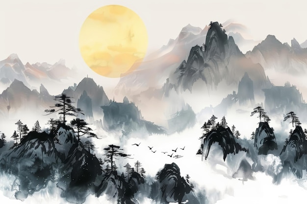 a painting of a mountain landscape with birds flying in the sky