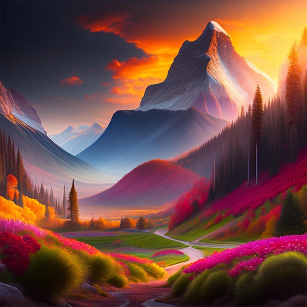 A painting of a mountain landscape with a colorful sky and a colorful sky.