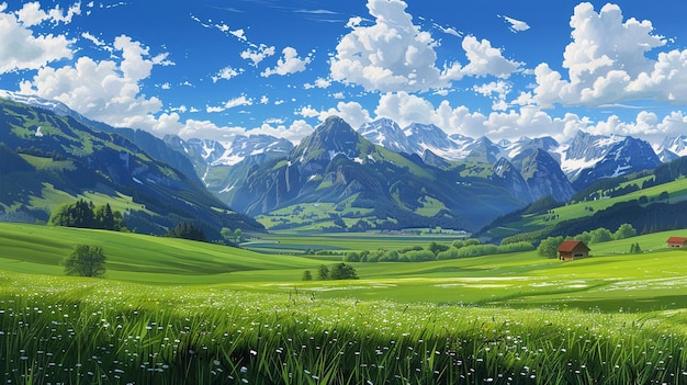 a painting of a mountain landscape with a field of grass and mountains in the background