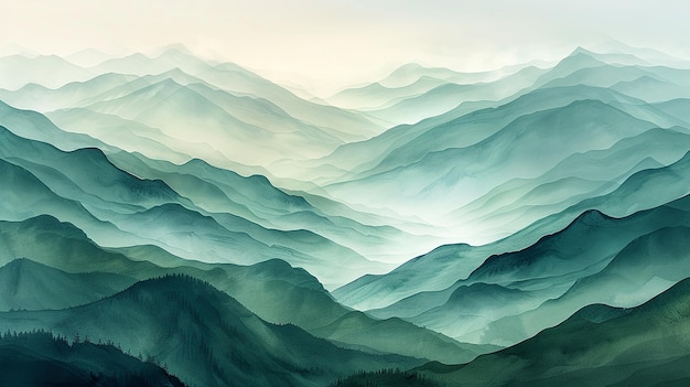 a painting of a mountain landscape with a green background