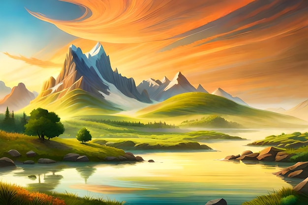 A painting of a mountain landscape with a lake and mountains in the background.