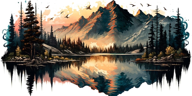 A painting of a mountain landscape with a lake and mountains in the background.