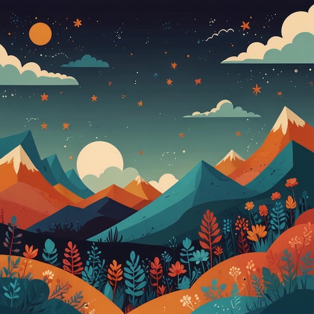 a painting of a mountain landscape with a moon and stars whimsical illustration Flat background