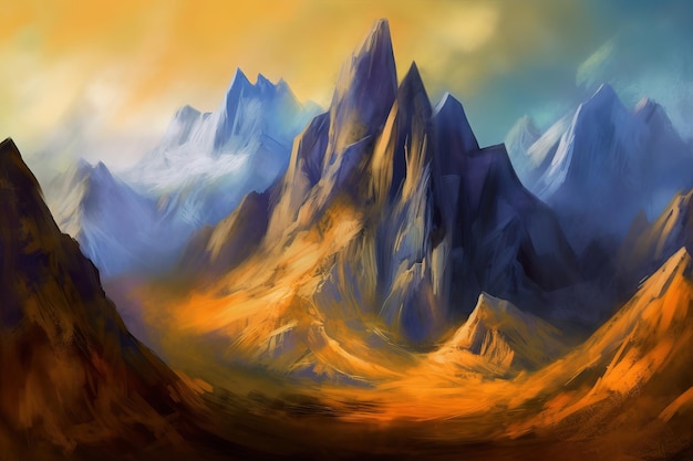 A painting of a mountain landscape with a mountain in the background.