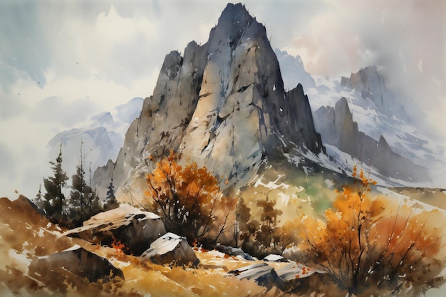 A painting of a mountain landscape with a mountain in the background.