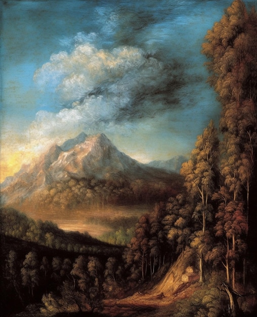 A painting of a mountain landscape with a mountain in the background.