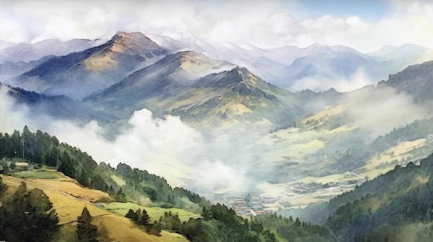 A painting of a mountain landscape with a mountain landscape in the background.