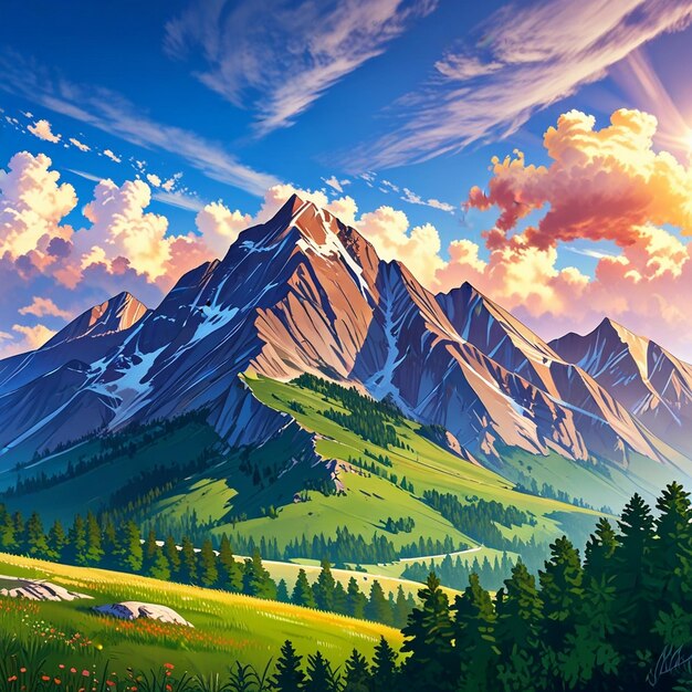 a painting of a mountain landscape with a mountain landscape and trees