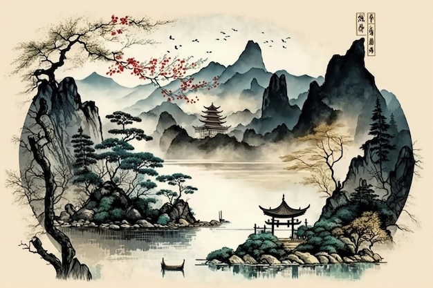 A painting of a mountain landscape with a mountain and a pagoda in the background.