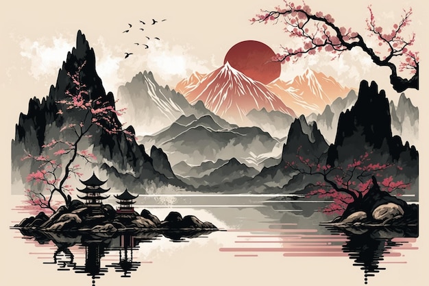 A painting of a mountain landscape with mountains and a sun and a japanese temple.