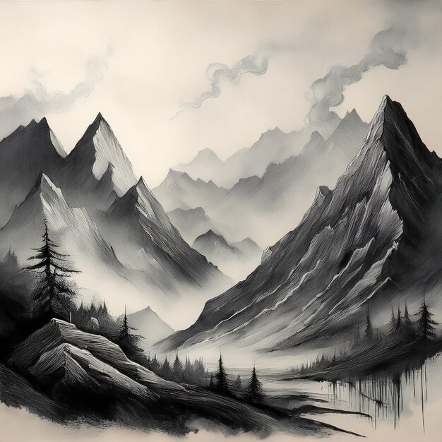 a painting of a mountain landscape with mountains and trees