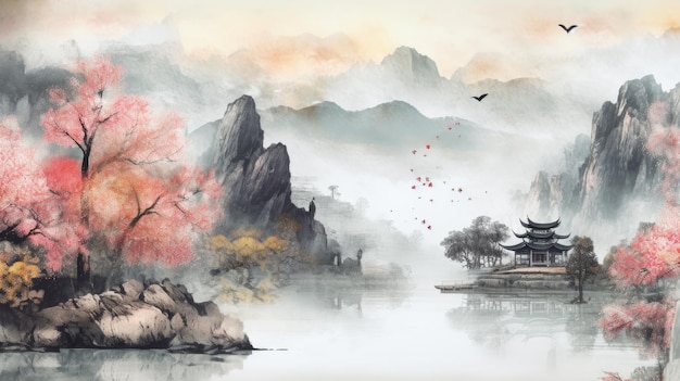 A painting of a mountain landscape with a pagoda and a mountain in the background.