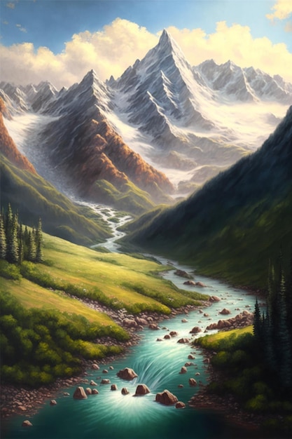 A painting of a mountain landscape with a river flowing through it.