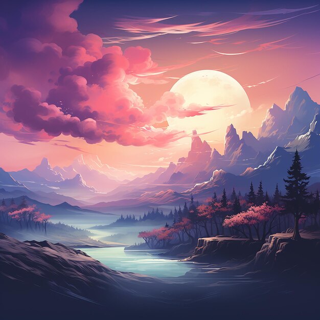 a painting of a mountain landscape with a river and a full moon