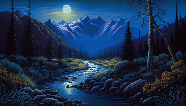 A painting of a mountain landscape with a river and the moon in the background.