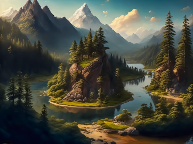 A painting of a mountain landscape with a river and a mountain in the background