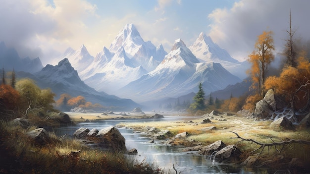 A painting of a mountain landscape with a river and mountains in the background.