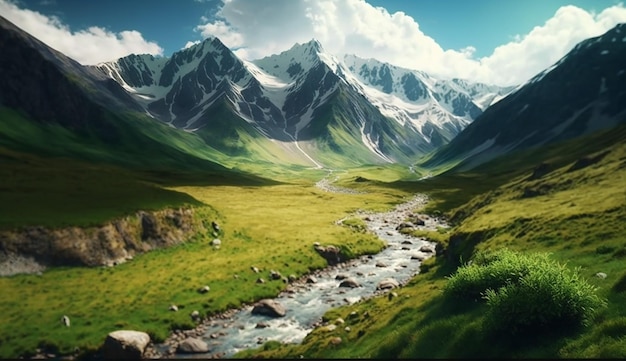 A painting of a mountain landscape with a river running through it.