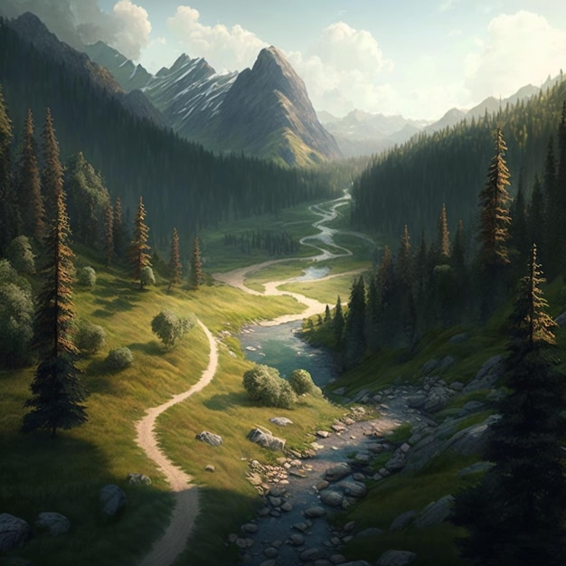 A painting of a mountain landscape with a river running through it.