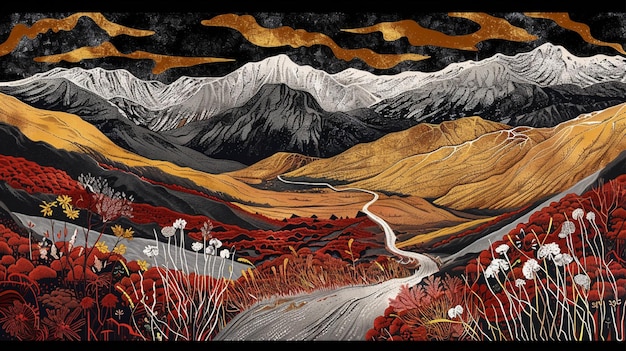 a painting of a mountain landscape with a road running through it