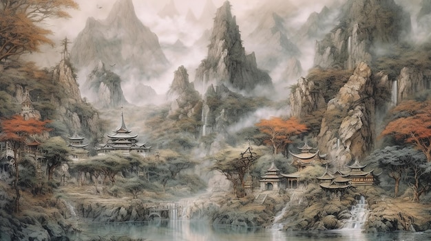 A painting of a mountain landscape with a small village in the foreground