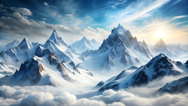 Photo a painting of a mountain landscape with snow covered mountains in the background