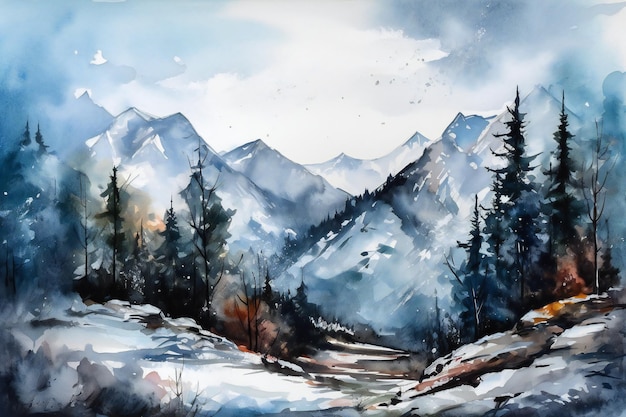 A painting of a mountain landscape with snow on the ground.